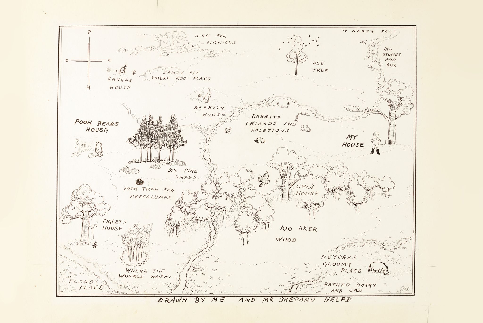 Christopher Robin has drawn us a map (Mr.Shepard helped). On one side of a river is Christopher Robin and his house, the 100-aker wood and owl's house. The river goes from a place with big stones and rox, past Rabbit's house and his friends and relations, down past the bottom of the map. In on corner is Eeyore's gloomy place, which is rather boggy and sad, and in another corner is a floody place close to Piglet's house and another place where the wozzle wasn't. Pooh Bear's house is past the six pine trees and the Pooh trap for heffalumps. Beyond Rabbit's house is Kanga's house and the sandy pit where Roo plays. There's a nice place for piknick and a bee tree there, too.