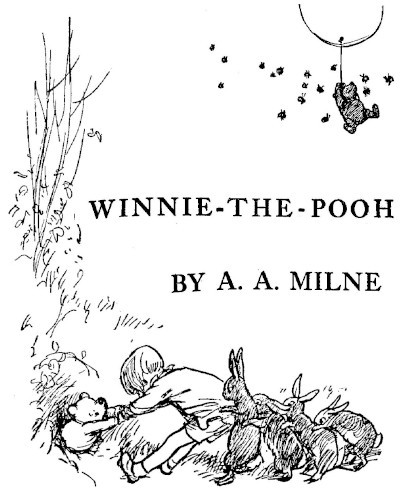 On the cover of Winnie-the-Pooh there are two drawings.  Below the title and the author's name, there's a picture of a boy and four rabbits trying to pull a small bear out of a hole on a grassy slope.  The boy has taken hold of the bear's paws.  He leans back and tugs.  The rabbits line up behind him, pulling at the boy's waist.  Above the title, in the upper right corner of the cover, is the second picture.  It shows the same bear hanging from a string that's attached to a balloon, which is floating off into the sky.  The bear is surrounded by a swarm of insects.