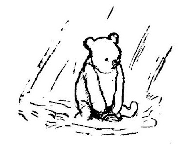 We see Pooh, astride his empty jar, emerging from the water. It's still raining.