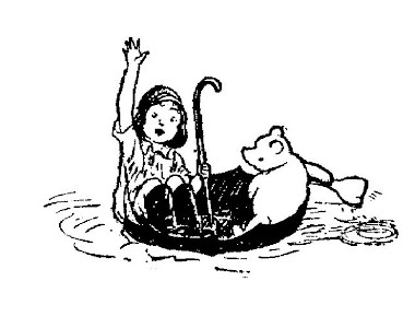 The last drawing in the chapter shows Christopher Robin waving from the "Brain of Pooh" (which is an upside down umbrella, not really a ship) and Pooh with some sort of paddle.