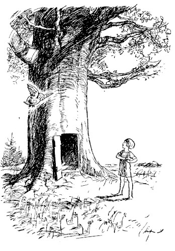 A drawing to start chapter 10 shows Christopher Robin in front of a huge old tree-house and Owl flying down to meet him.