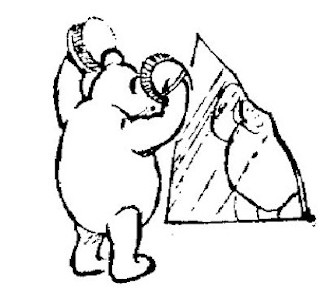 In this drawing we see Pooh in front of his mirror. He's holding cymbals made of pie-tins above his head.