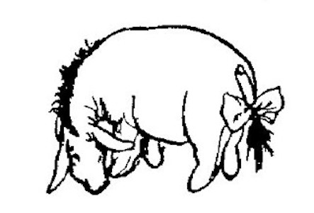 In this drawing, Eeyore is looking like Eeyore, except for the large bow on his tail.