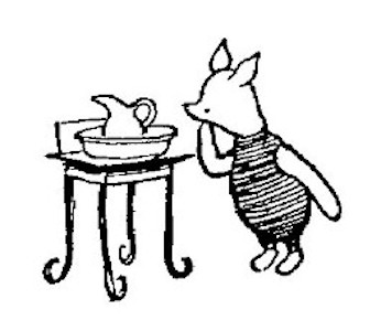 Here's a drawing of Piglet considering a pitcher, set in a wide bowl, on a stand.