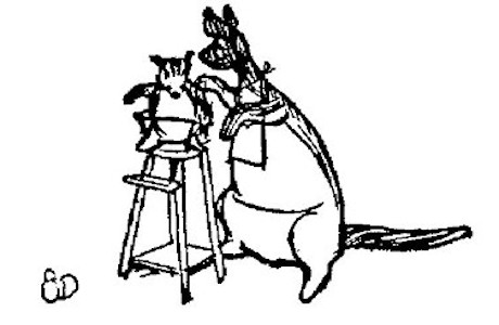 Here's a drawing of Kanga tending to Roo. Roo has dropped a cup.