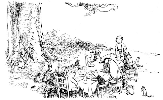 In this drawing, Christopher Robin is standing at the table speaking to the whole party, At the table are Rabbit, Kanga and Roo, Pooh, Piglet, Eeyore and Owl. Rabbit's friends and relations are all around.