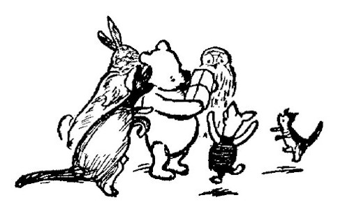 In the drawing, Pooh is opening a present. Rabbit, Kanga, Piglet, Roo, and Owl are around, very excited.