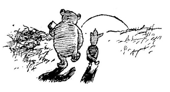 We see Pooh and Piglet walking into the sunset. Pooh is carrying his present.