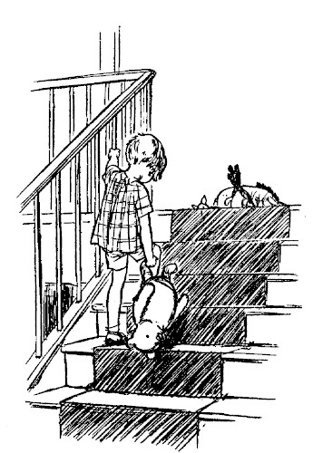 In a drawing to end the book,  we see Christopher Robin dragging his toy bear up the stairs. Toys with Piglet ears, kanga pockets and donkey mane are upstairs.