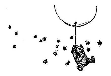 The drawing shows Pooh floating under a balloon, surrounded by bees.