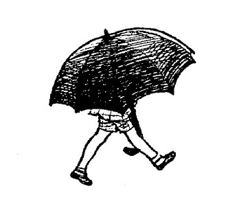 In this drawing, a big umbrella covers the top half of Christopher Robin. 