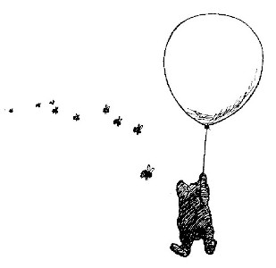 We see Pooh, still hanging from the balloon, nose to nose with some bees.