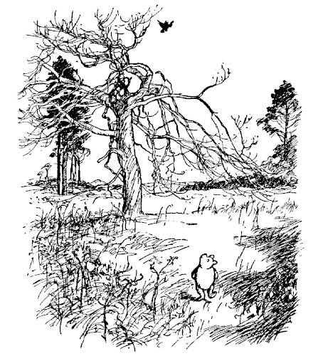 We see Pooh strolling through a field past a twisty tree, gazing at a bird flying around it.