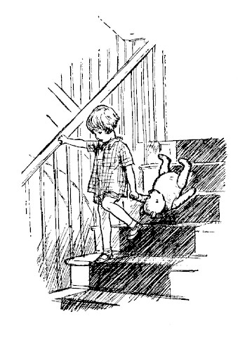 In a drawing to start chapter 1, we see Christopher Robin dragging his bear down the stairs. Christopher Robin wears a boy's checked shirt over shorts.