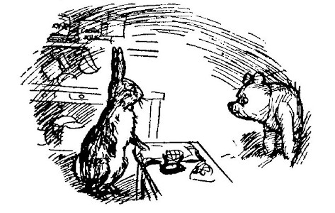 A drawing shows Pooh halfway into Rabbit's house; he barely fits.