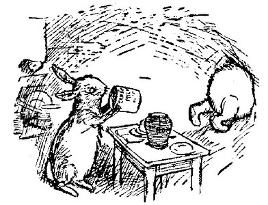 The next drawing shows Pooh halfway out of Rabbit's house. Rabbit is peering into the empty can of condensed milk. An empty pot of honey sits on Rabbit's table.