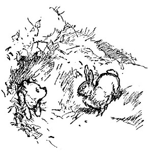 In this drawing, Rabbit sees Pooh's head and paws trying to come out of Rabbit's front door.