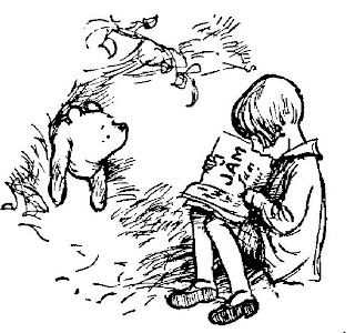 in this drawing, Pooh is exactly where he was in the last picture. Christopher Robin is sitting on a stool reading a book titled "The Jam Jar" for Pooh.