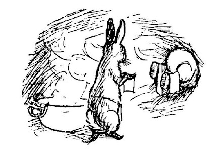 Here we see inside Rabbit's house, with Pooh's bottom still in the door. Pooh's legs are sticking straight out and Rabbit is using them to hang some towels.