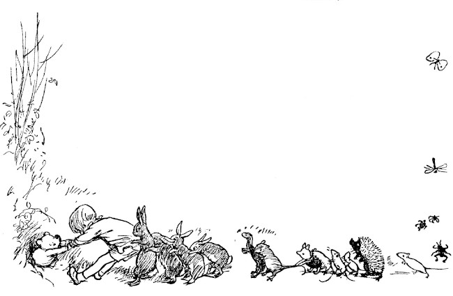 Here's a picture of Christopher Robin, Rabbit, Rabbit's firends and relations, Piglet, some mice and even a hedgehog, all pulling together on Pooh, still stuck.