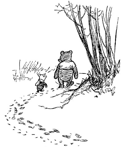 In a drawing, we can see Pooh and Piglet following tracks around a small area of trees.