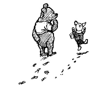 In this drawing, Pooh is looking thoughtful, and Piglet is jumping in the air. There are tracks around them.