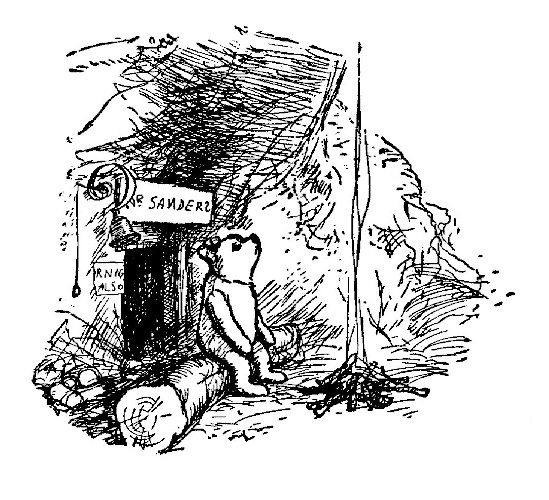 Now we see Pooh, sitting on a log in front of a campfire outside his door. Above the door is a sign.