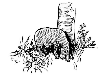 A drawing to start chapter 4 shows Eeyore with his nose to the ground at the base of a tree.