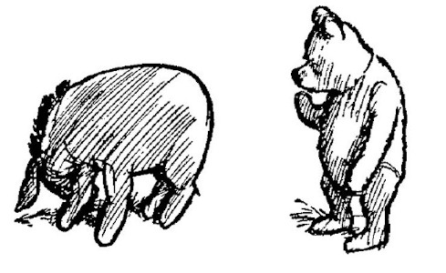 In the picture, Pooh is looking thoughtfully at Eeyore's smooth back end.