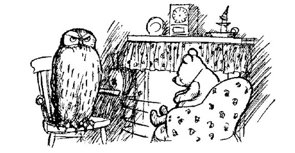 The next picture shows Pooh sitting in a comfy chair in front of Owl's fireplace, listening to Owl, who stands on a chair.