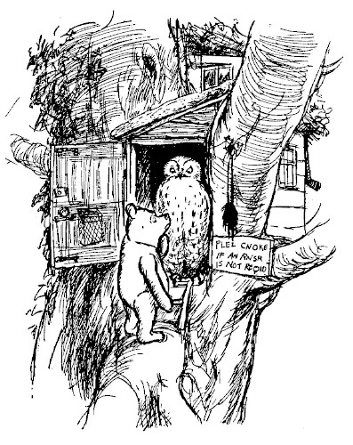 In this drawing, Pooh is back outside Owl's front door, with Owl standing in the doorway. Pooh is looking at the bell-rope, which ends in a tuft of hair.