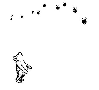 In this drawing, Winnie-the-pooh is peering up. There are tiny things swarming around up there.