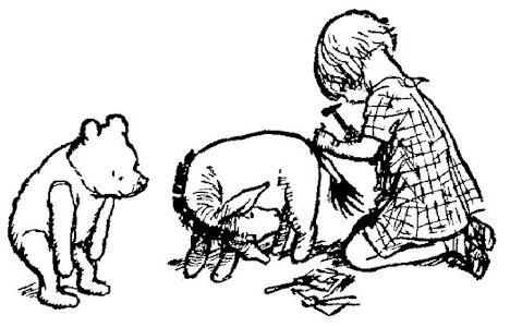 A drawing shows Christopher Robin putting Eeyore's tail back on, Eeyore bending around to look, and Pooh watching with a smile.