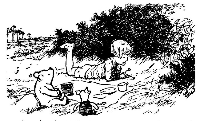 A drawing to start chapter 5 shows Pooh, Piglet and Christopher Robin sitting around a picnic blanket. On the blanket are a honey pot, plates and teacups. Christopher Robin is chatting to himself with one foot in the air; Pooh and Piglet are listening.