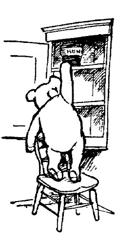 In this picture, we see that Pooh's larder has just one jar in it, and Pooh can barely reach it.