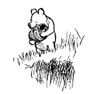 In the drawing, Pooh is carrying a not-full honey jar to the Very Deep Pit