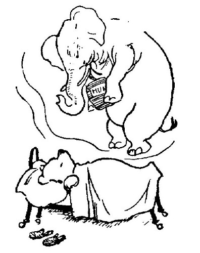 In this drawing, we see Pooh, asleep in his bed. We see his dream, it's a large heffalump with large ears and a trunk, holding a jar of honey.