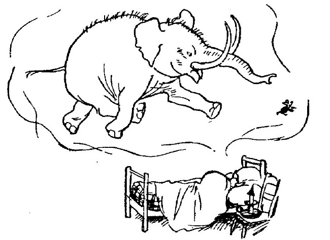 In this drawing, we see Piglet, fast asleep in his bed. We can see his dream, too, and it's a large angry heffalump running after a very small Piglet.