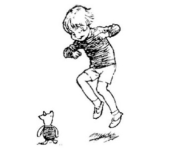 In the drawing, Christopher Robin is jumping up to go. Piglet looks up at him.