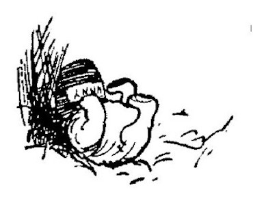 Here we have a drawing of Pooh with his feet in the air, bumping his Hunny-Pot head against the tree root.