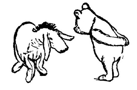 A drawing shows Pooh with his paws behind his back leaning over at Eeyore. Eeyore looks back at Pooh.