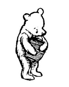 In this drawing, Pooh is looking at the jar of honey he's holding.