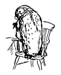 The drawing shows Owl standing on his chair. He's wearing spectacles and has a pen.