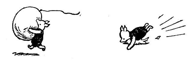 The left side of this drawing shows Piglet running with his arms around a balloon bigger than Piglet. On the right side, he's fallen, but the balloon....