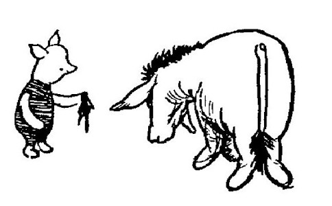 In the drawing, Eeyore is looking at Piglet and the balloon-scrap. Eeyore's tail hangs straight down.