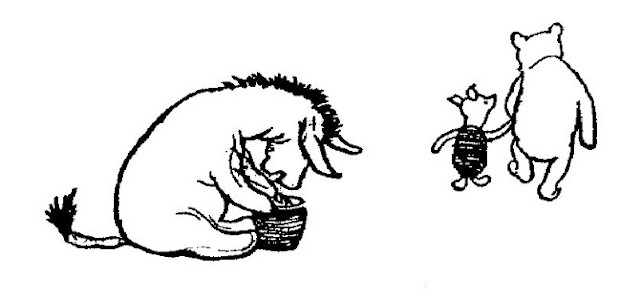 This picture shows Eeyore using his Balloon and his Useful Pot. His tail is perked up. Pooh and Piglet are walking away hand-in-hand.