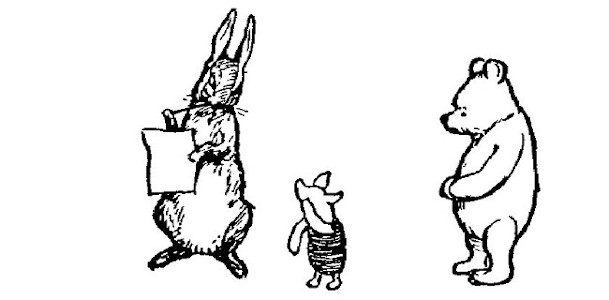 In the drawing, Rabbit is holding a sheet of paper and looking down at Piglet. Piglet is holding his chin. Pooh has his paws in front of him.