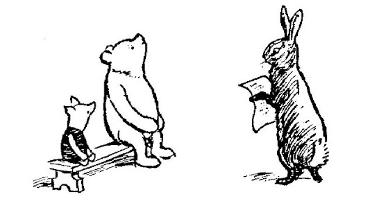 In this drawing Pooh and Piglet are sitting on a bench listening to Rabbit, who is reading from his sheet of paper.