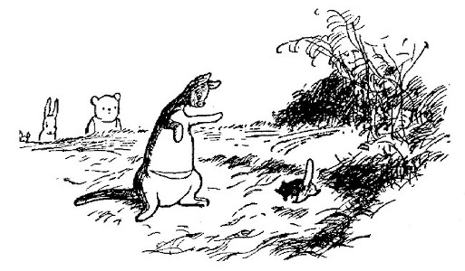 This drawing shows Kanga with her arms open, smiling down at tiny Roo. Roo is climbing out of a mousehole, tail in the air. Pooh and Rabbit are approaching.