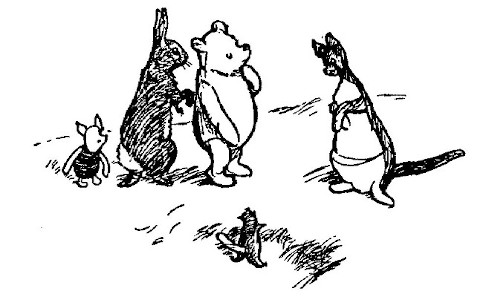 In the drawing, Pooh is thinking. Kanga, attending to Roo. Rabbit is nudging Pooh. Piglet looks on.